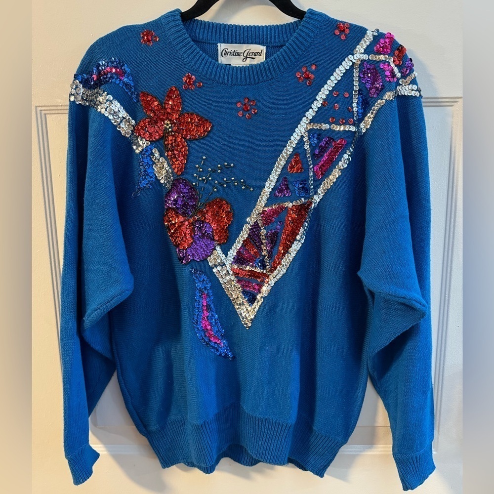 Vintage 90’s Sequin Embellished Blue Knit Grannycore Ramie Cotton Sweater Med
